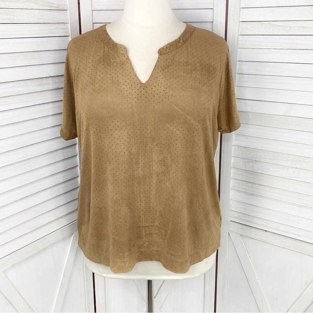 Lane Bryant Perforated Microfiber Short Sleeve Shirt Tan 18 20 Boho Western